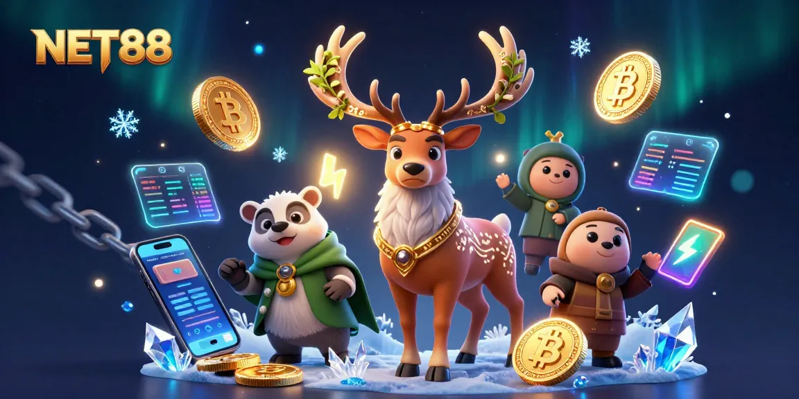 Bet with NET88 using crypto coins, showcasing a dynamic casino scene with rich details.