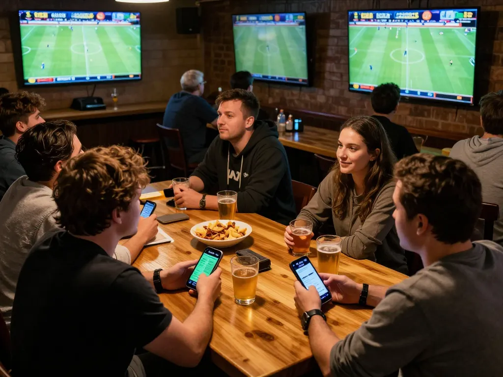 Socolive app provides live betting action as friends enjoy football match in lively home setting.