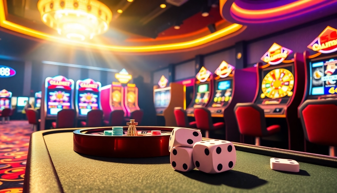 Exciting gambling scene showcasing nhà cái qq88 with casino tables, cards, and vibrant slot machines.