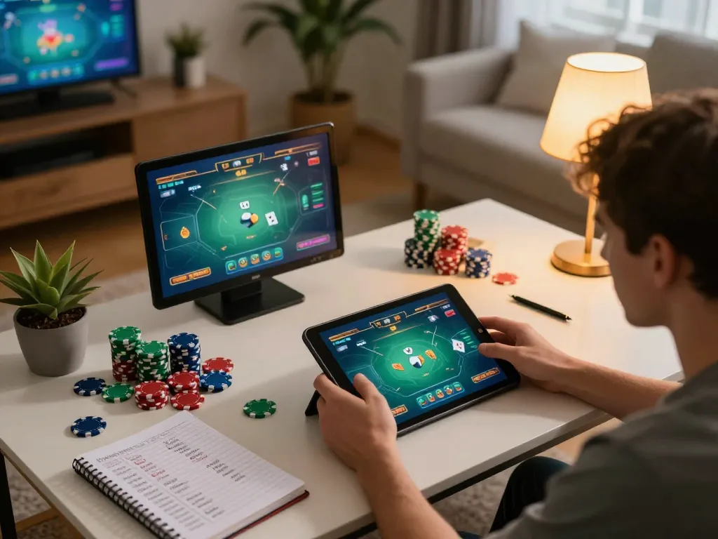 Player engaging in online poker on 32win32 tablet, surrounded by gaming strategies and vibrant home atmosphere.