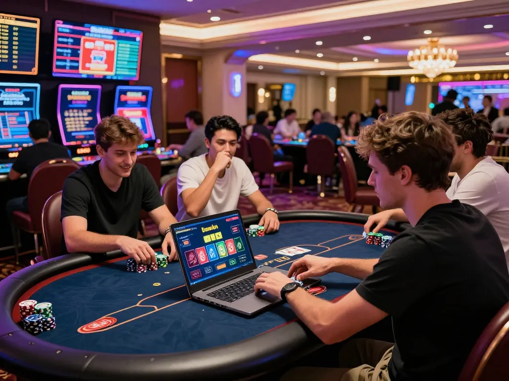 Dynamic bomwin online gaming scene with engaged players in a vibrant casino atmosphere.
