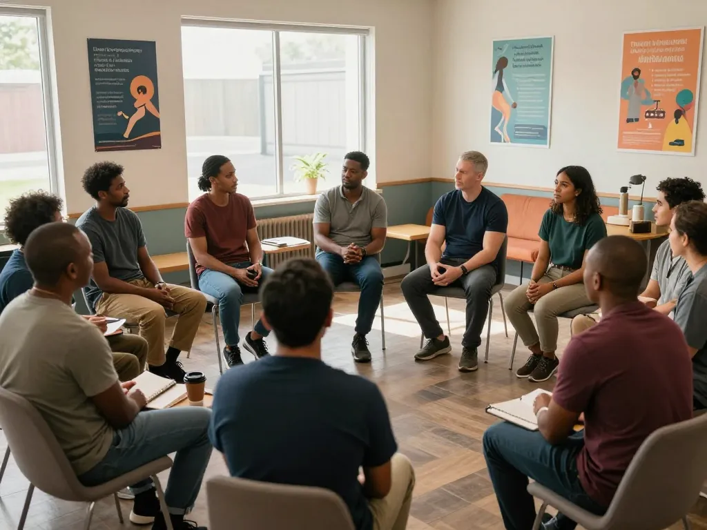 Men sharing stories in a supportive manclub community gathering for mental wellness.