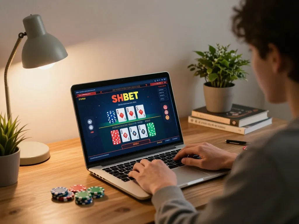 SHBET player placing bets on a live casino game at home for a strategic gambling experience.