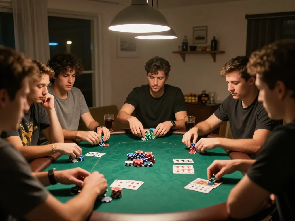 Exciting home poker night with friends playing, showcasing strategic moments at 78wingo