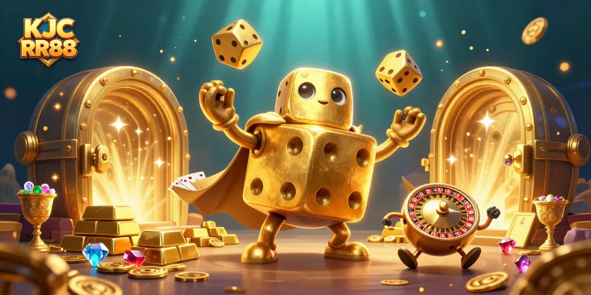 Engage with thrilling KJC RR88 gameplay in this vibrant digital casino scene packed with gold and treasures.
