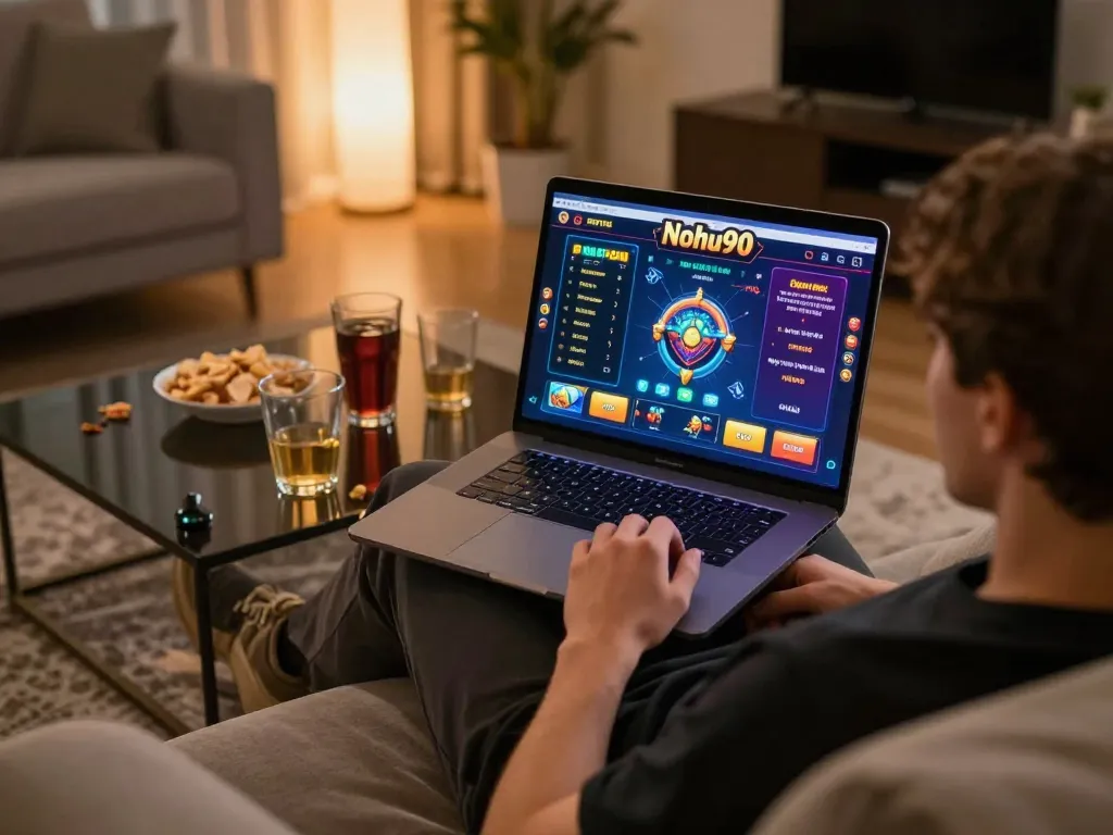 Nohu90 user engaging with online casino gaming setup, showcasing excitement and strategy.
