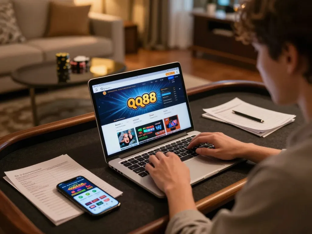 Engaging with qq88 online casino on a laptop, showcasing strategic betting and responsible gaming.