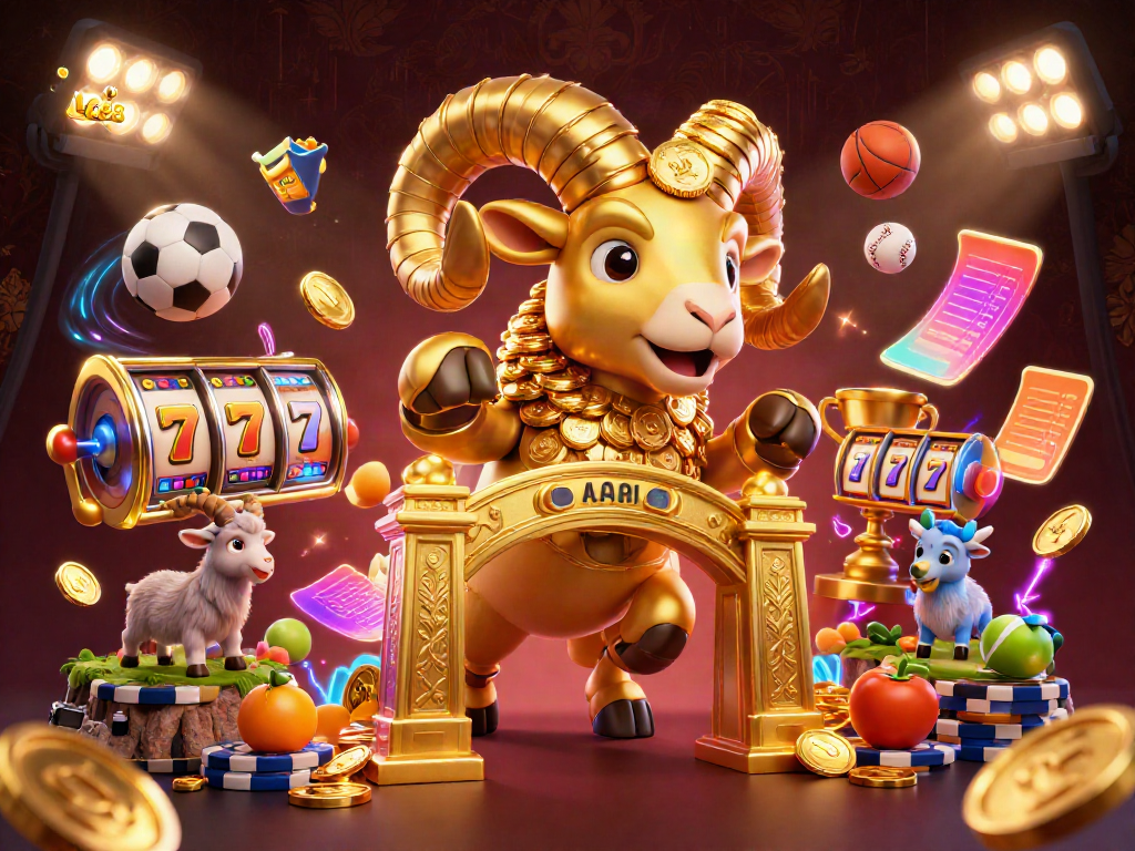 Engage in thrilling gaming with LC88 featuring a golden ram, sports elements, and vibrant casino theme.