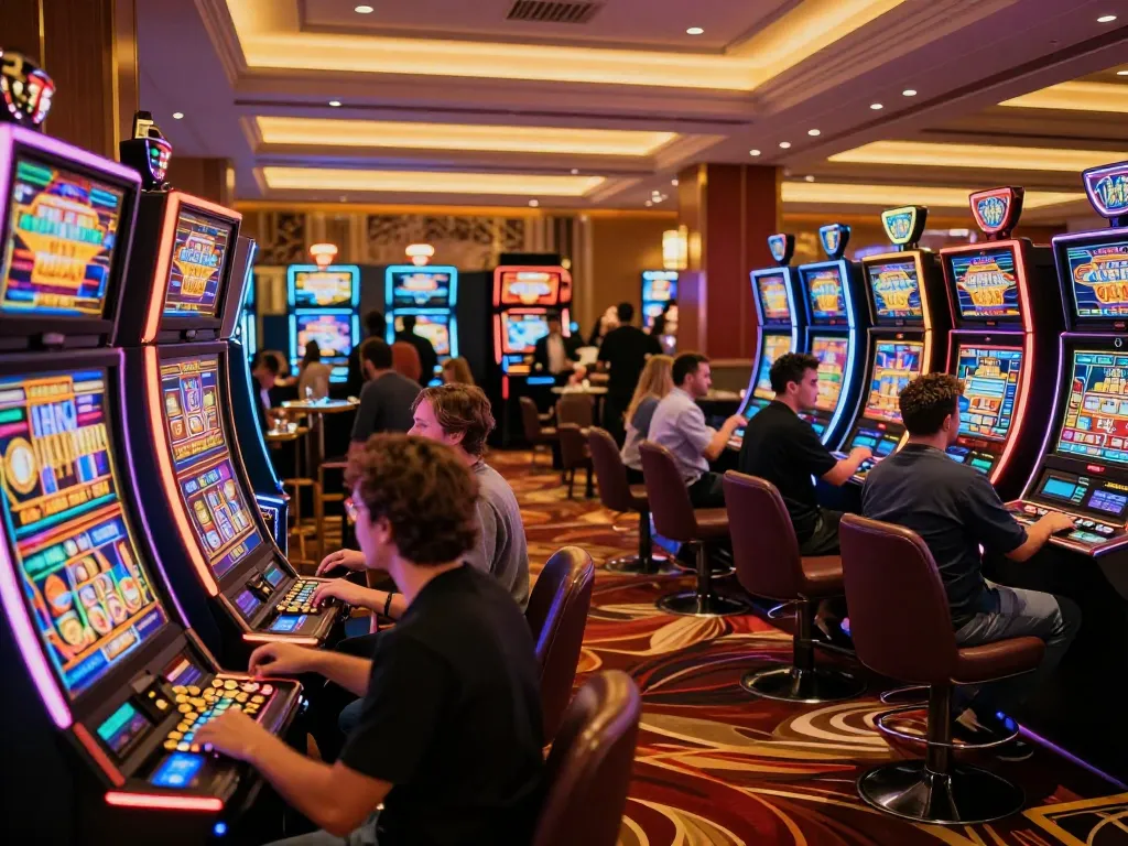 Sin888 players celebrating a win at vibrant slot machines in a luxurious casino