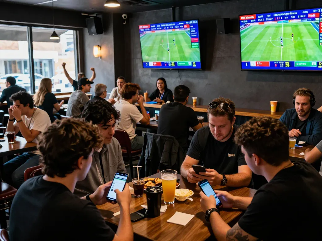 Fans enjoying a lively betting atmosphere at a sports bar, featuring 1gom betting options.