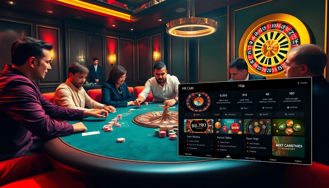 Hit club gamblers strategizing at a luxurious poker table with vibrant atmosphere.