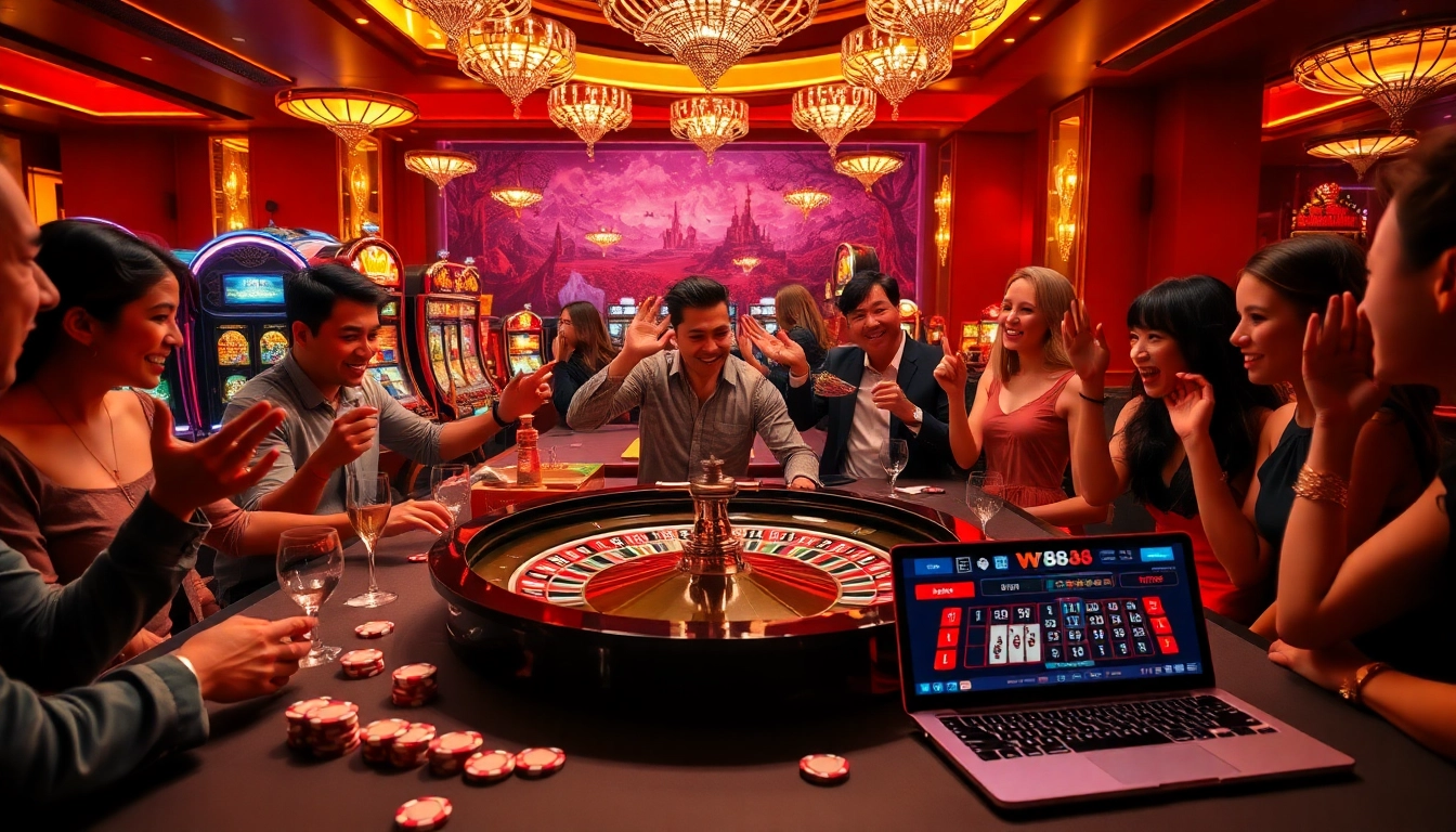 Engage with thrilling games at http://ww88h.com/ with a vibrant casino scene of roulette and slot machines.