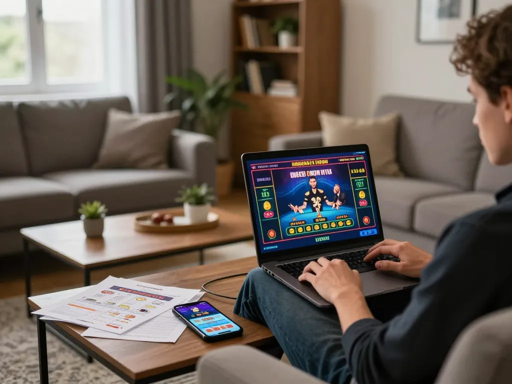 Player enjoying Rik vip online casino gaming in a cozy home setup, engaged in live dealer gameplay with phone and strategy notes.