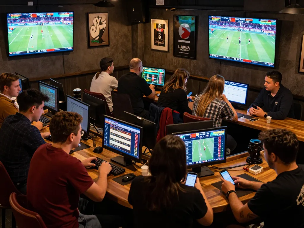 Engaged sports fans using Bsport app to place live bets during a match at a vibrant sports bar