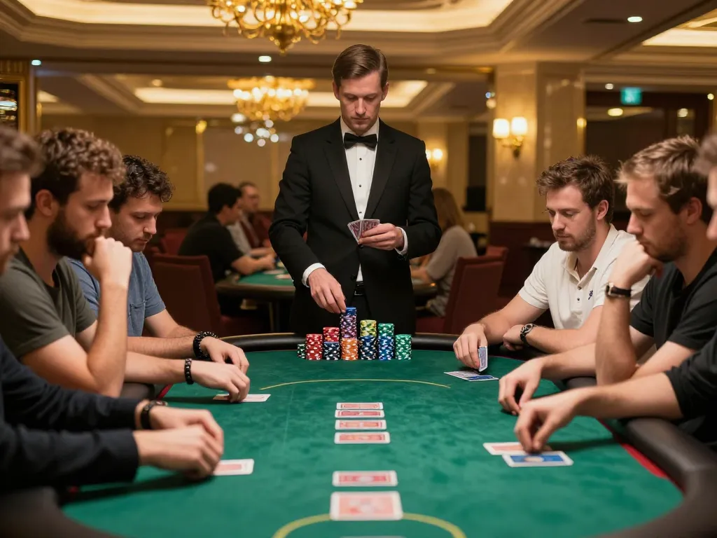 Players strategizing with cards at a go 88 poker table in an upscale casino setting, engaging environment