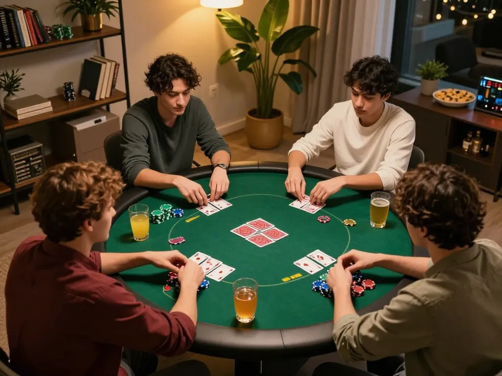 Lô Đề Online game session with friends showcasing vibrant poker play at a stylish home gathering.