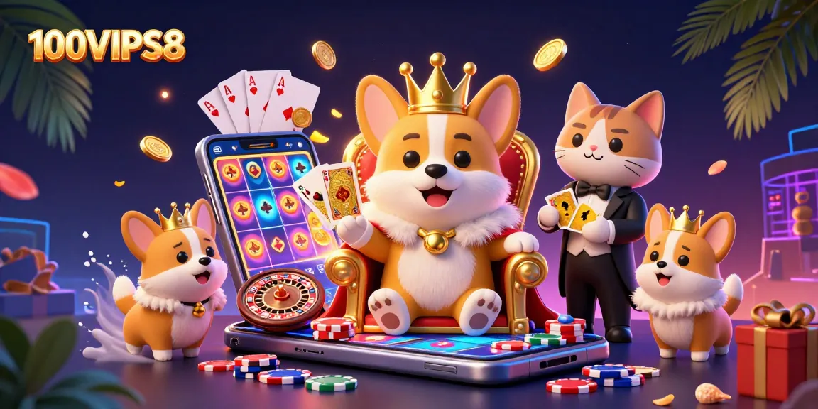 Experience 100VIPS8 with a vibrant casino scene featuring a royal corgi and dynamic gaming elements.