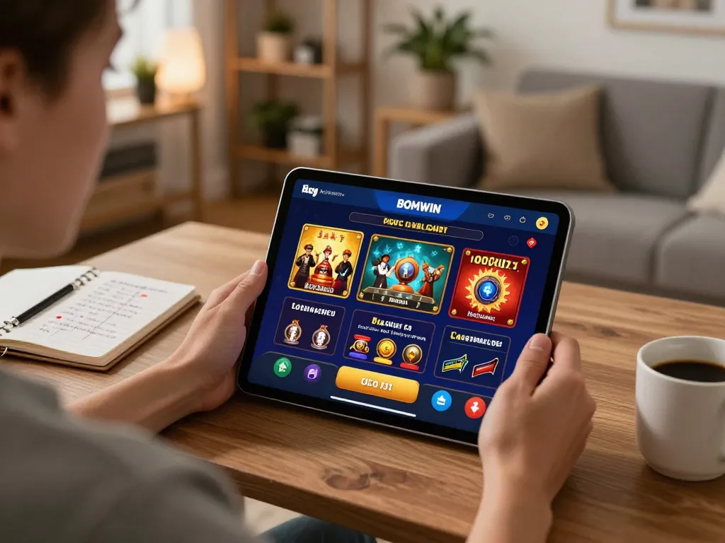BOMWIN online gaming experience at home with a person using a tablet, showcasing vibrant app interface and cozy atmosphere.