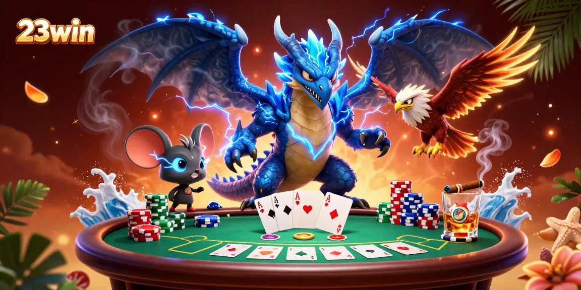 Engage in thrilling poker action with 23win, featuring an electrifying dragon and vibrant game elements.