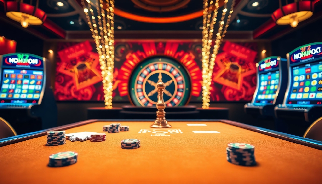 Engaging casino scene with poker, roulette, and slot elements, inspired by nohu90 com.