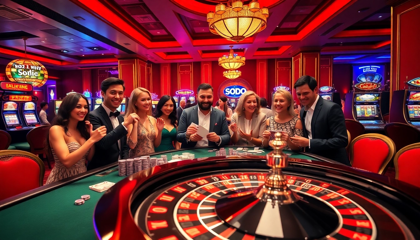 SODO themed luxury casino scene with excited gamblers at a poker table.