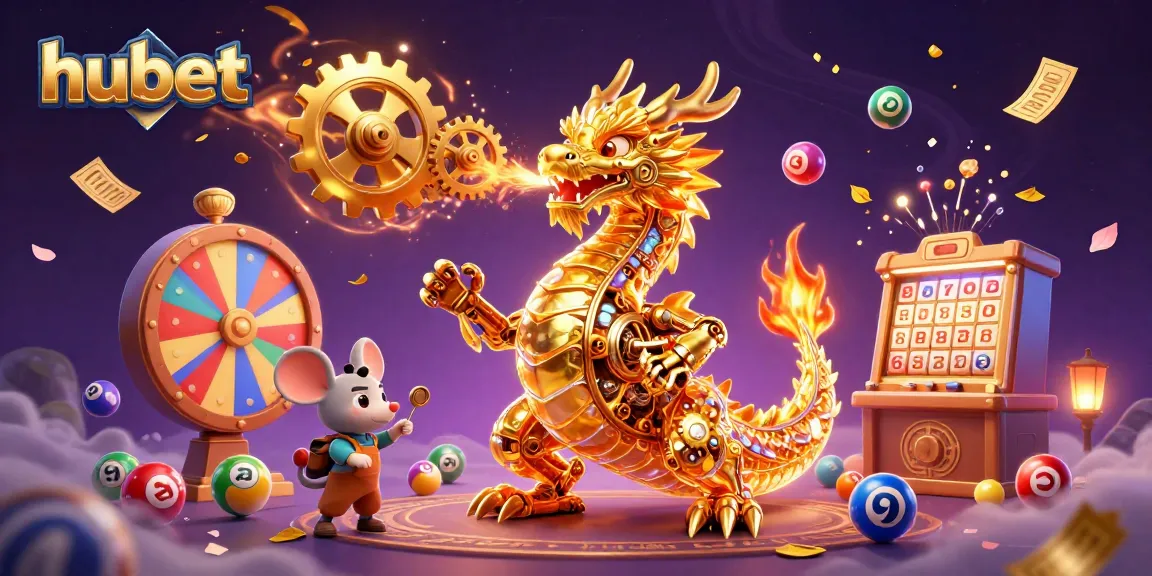 Engage with hubet's thrilling lottery experience showcasing golden tickets, lottery balls, and a vibrant prize wheel.