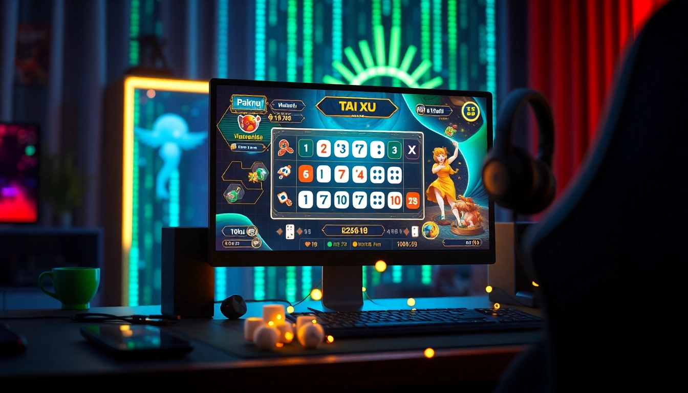 Tài xỉu online gaming interface showcasing vibrant graphics and digital dice in an engaging environment.