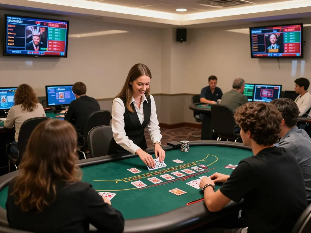 Kuwin1 live dealer blackjack experience with players engaged at their screens and a professional dealer.