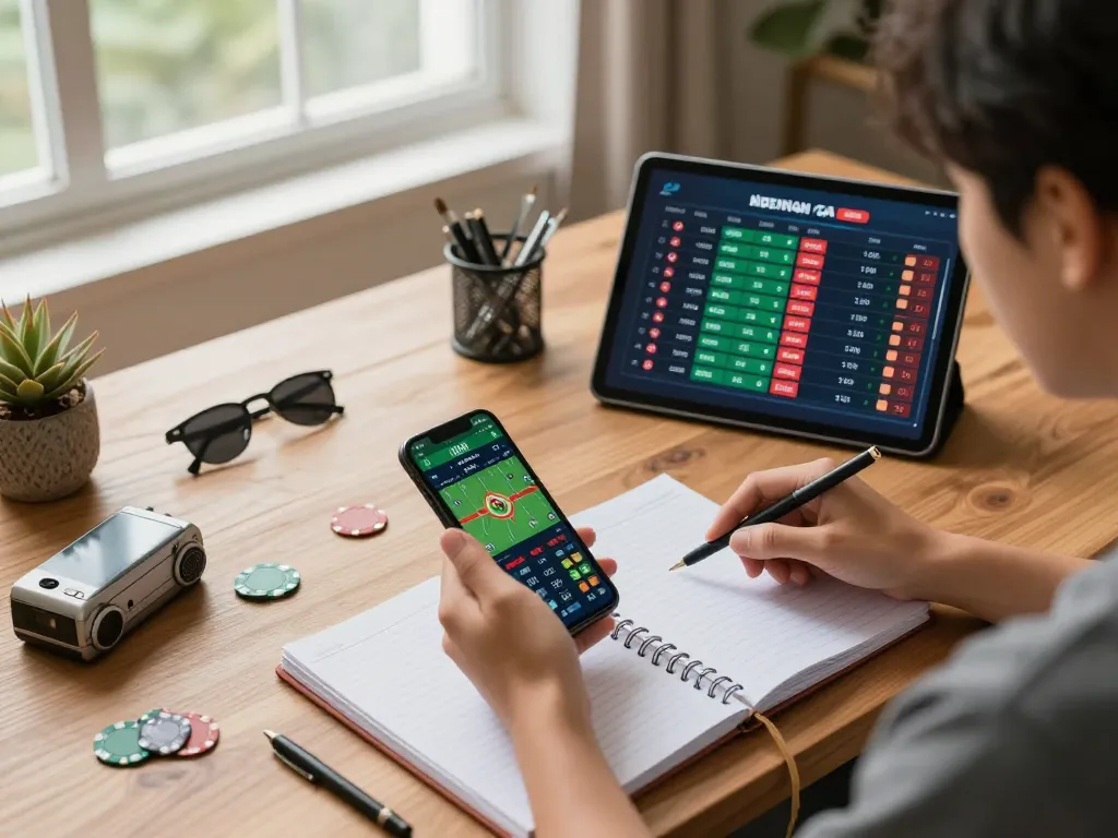 Engaging with kèo nhà cái on smartphone while checking odds at home gaming setup.