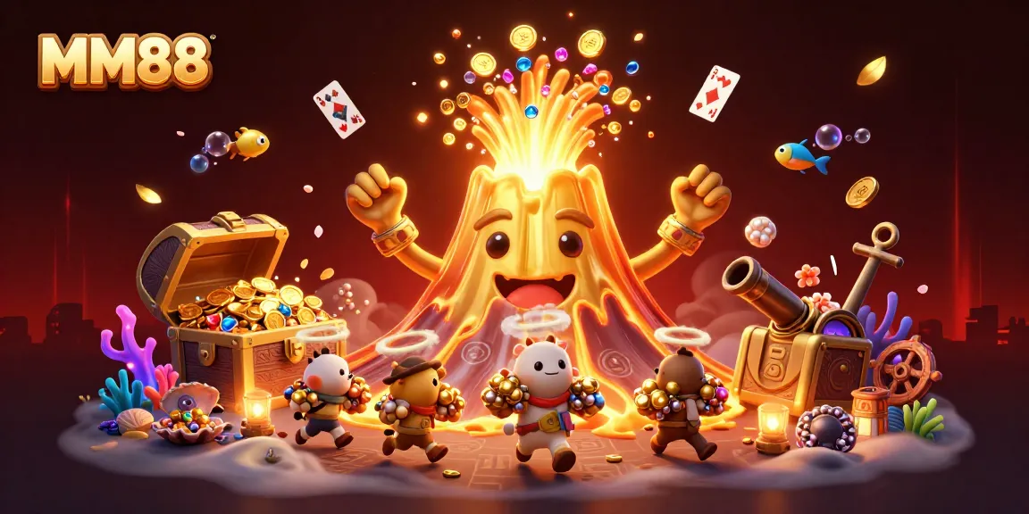 MM88 showcases a triumphant golden volcano surrounded by treasures and lively gaming elements.