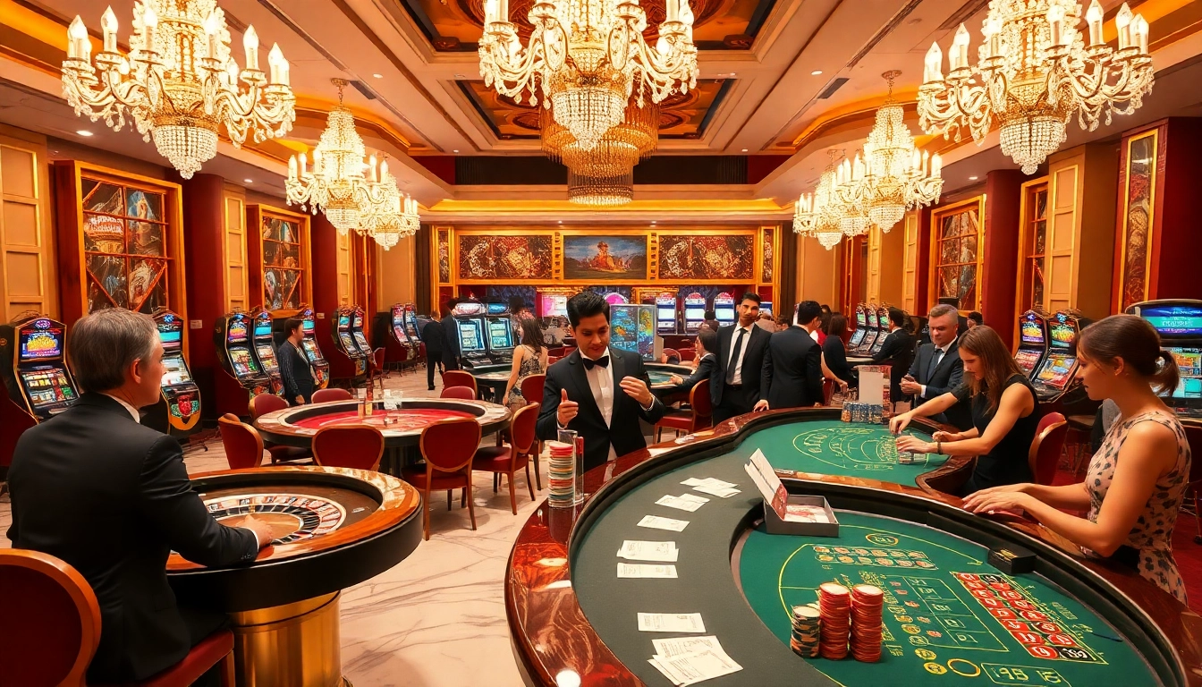 Experience the excitement of 8kbet1 with an elegant casino scene showcasing vibrant gaming tables.