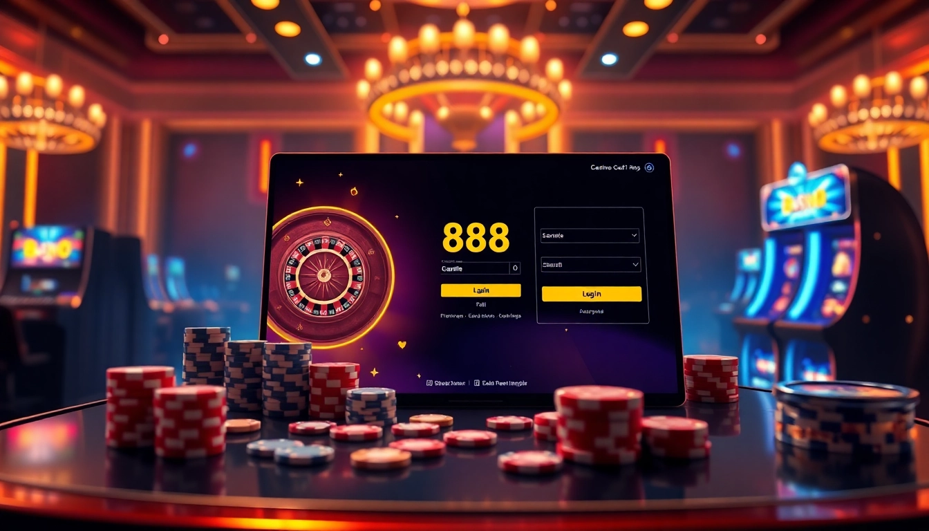Logging into 888VI online casino, showcasing vibrant gambling elements on a sleek interface.