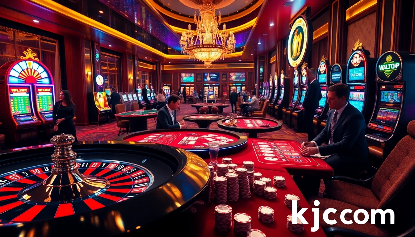 Experience lively gambling action at kjc.com with vibrant casino tables and slot machines.