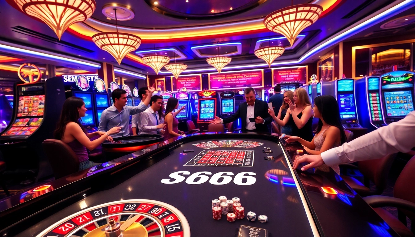 Players enjoying high-stakes gaming at the S666 casino table, with vibrant lights and excitement.