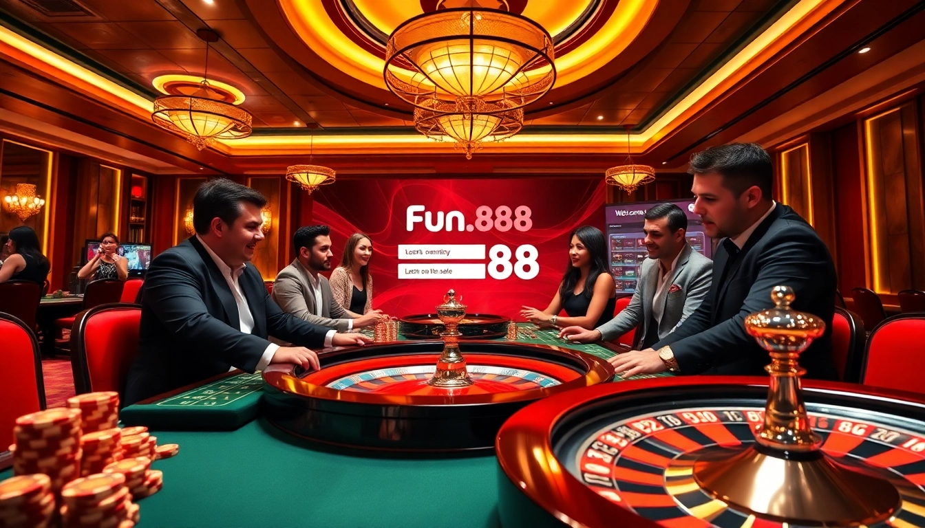 Fun88 login interface integrated in a lively casino scene with players enjoying their games.