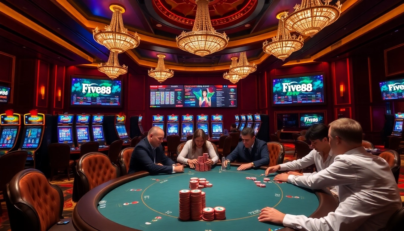 Experience the thrill of online gambling at FIVE88 with vibrant poker tables and exciting slot machines.