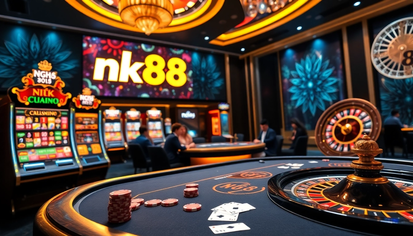 Exciting online gambling scene showcasing nhà cái nk88 with vibrant casino tables and professional players.