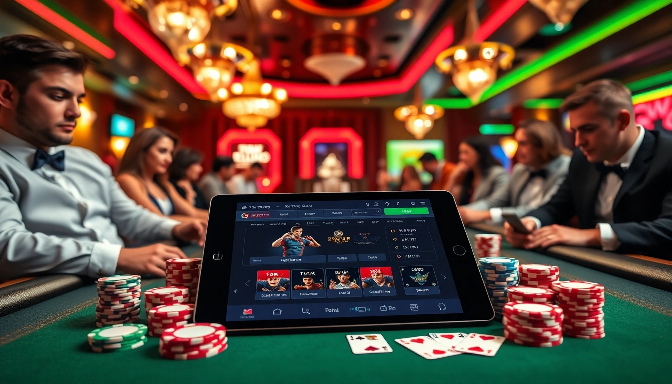 Experience thrilling gaming action with professionals at https://tr88.bio/ poker table, vibrant casino atmosphere.