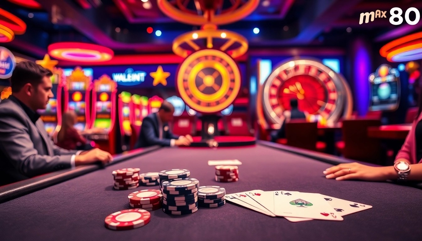 Exciting gambling scene at nhà cái max88 with poker, roulette, and colorful chips.