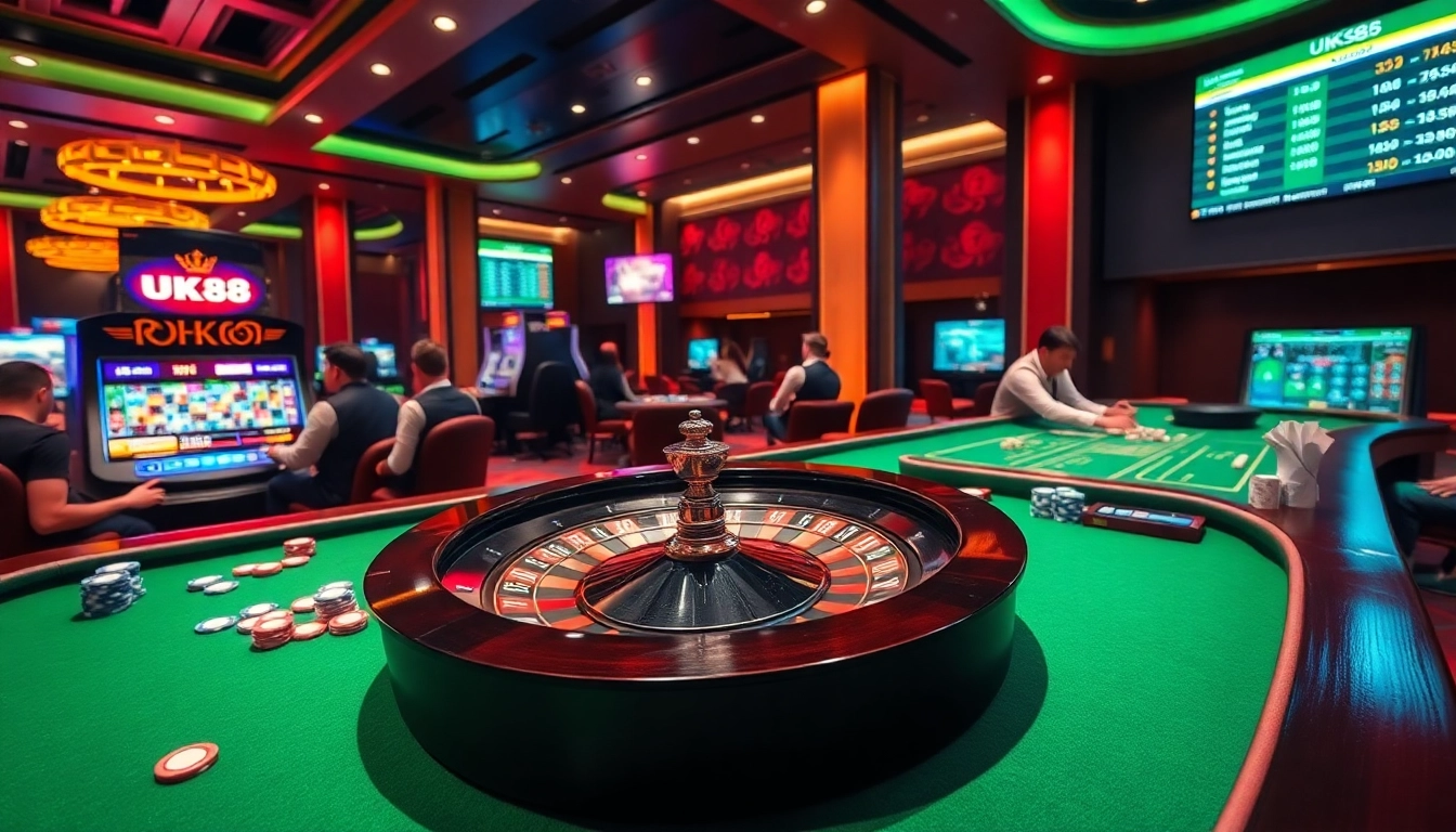 Experience the thrill of UK88 with players strategizing at a vibrant casino table.