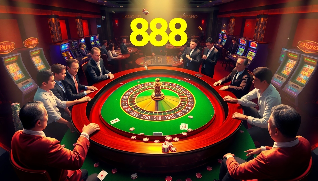 Experience the thrill of gambling at the luxurious 888vnd Casino with vibrant roulette tables and energetic players.