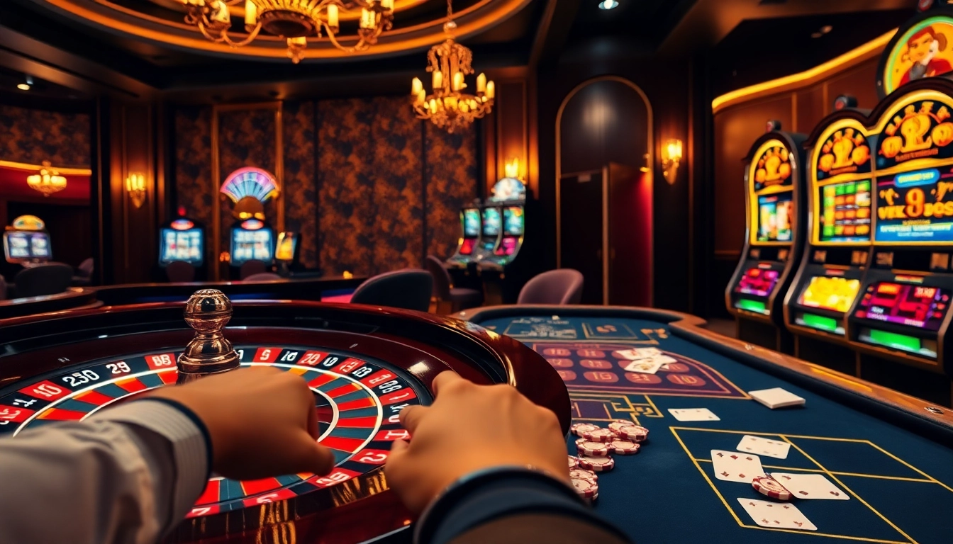 Experience thrilling gameplay at https://one88.sa.com/ with high-stakes gambling tables and vibrant casino decor.