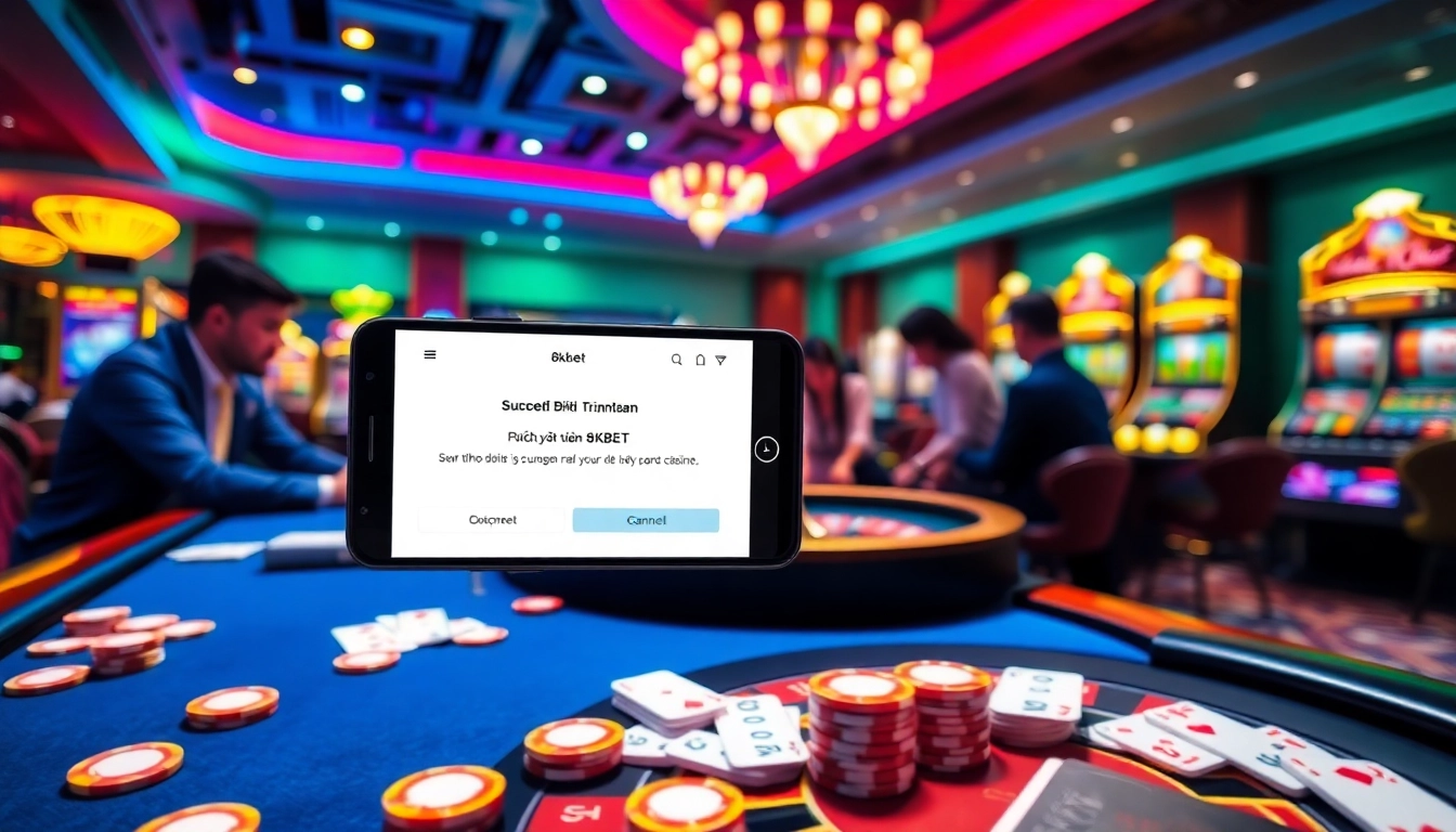 Engage in the Rút tiền 8KBET process at a luxurious casino setting with vibrant players and betting activities.